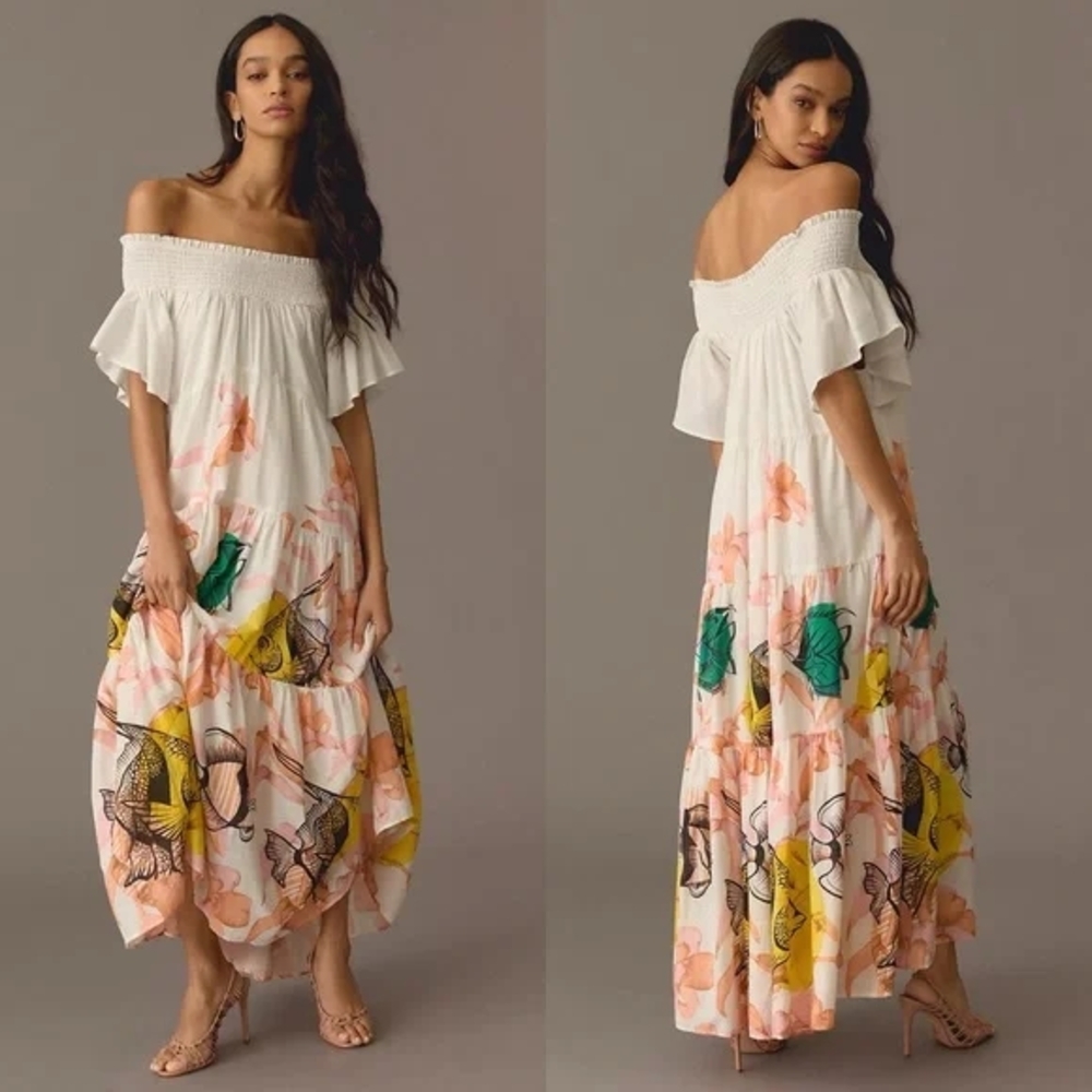 Maeve White Floral Off-Shoulder Maxi Dress